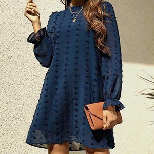 FAMITION Navy Blue Dress Swiss Dot Dress Long Sleeve Flowy Dress Chiffon Casual